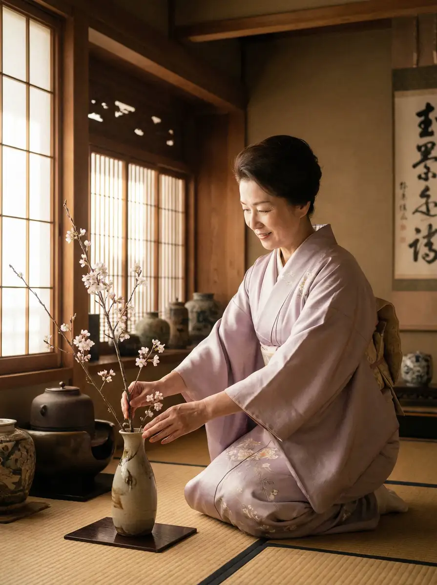 一位优雅的 熟女-熟女视频最新高清与精选视频 在和室中插花